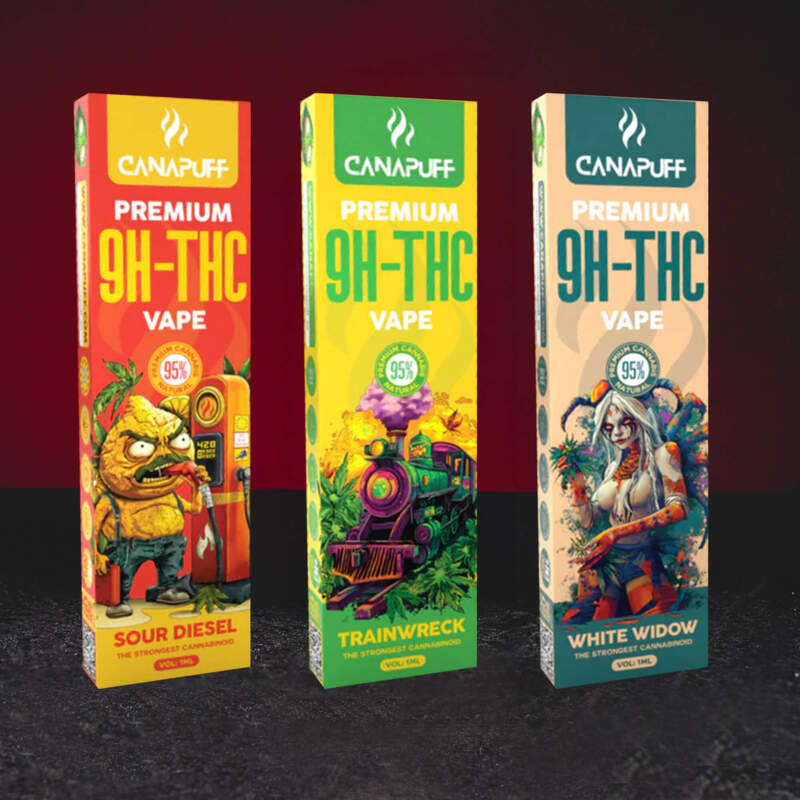 9H-TH Vape 95% 1ml – Premium Einweg-Vape mit 9H-TH Cannabinoid in den Varianten Sour Diesel, Trainwreck und White Widow premium disposable vape met 9H-TH cannabinoïde in de varianten vape desechable premium con cannabinoide 9H-TH en variantes