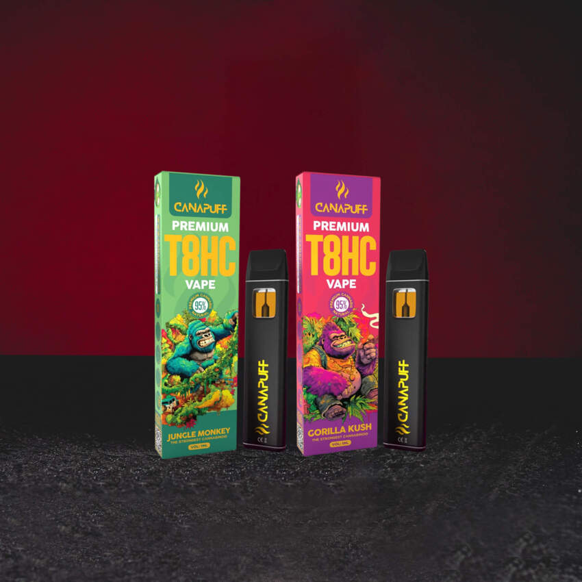T8HC Vape 1 ml Set der Varianten Jungle Monkey und Gorilla Kush, neuer T8HC Cannabinoid-Typ, Einweg-Vaporizer mit ausgewogenem Euphorie- und Entspannungsprofil, komplettes Sortiment von Kratom World nieuw type T8HC cannabinoïde, wegwerp vaporizers met uitgebalanceerd euforie- en ontspanningsprofiel, compleet aanbod van Kratom World nuevo tipo de cannabinoide T8HC, vaporizadores desechables con perfil equilibrado de euforia y relajación