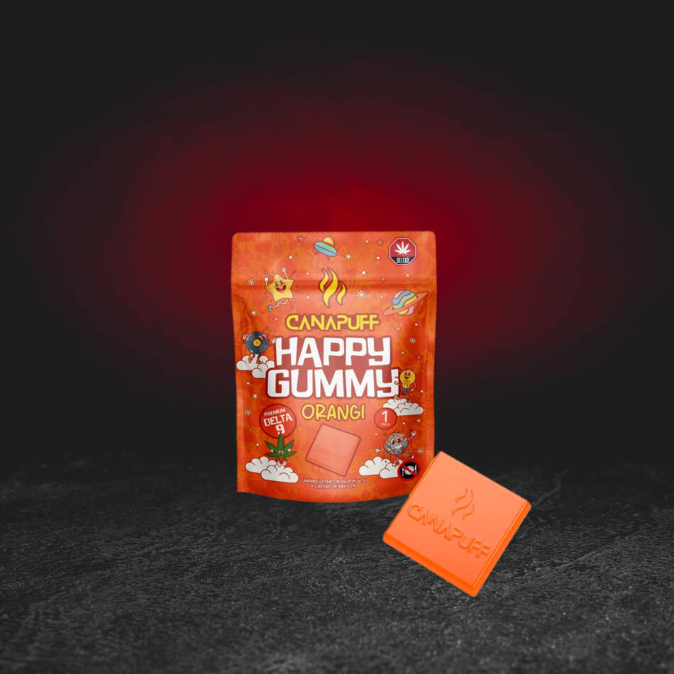 TH Happy Gummy Orangi – Premium-Hanf-Fruchtgelee mit Orangengeschmack und Cannabinoid TH in Originalverpackung premium hennepfruitgelei met frambozensmaak en cannabinoïde TH gelatina premium de cáñamo con sabor a cereza y cannabinoide TH