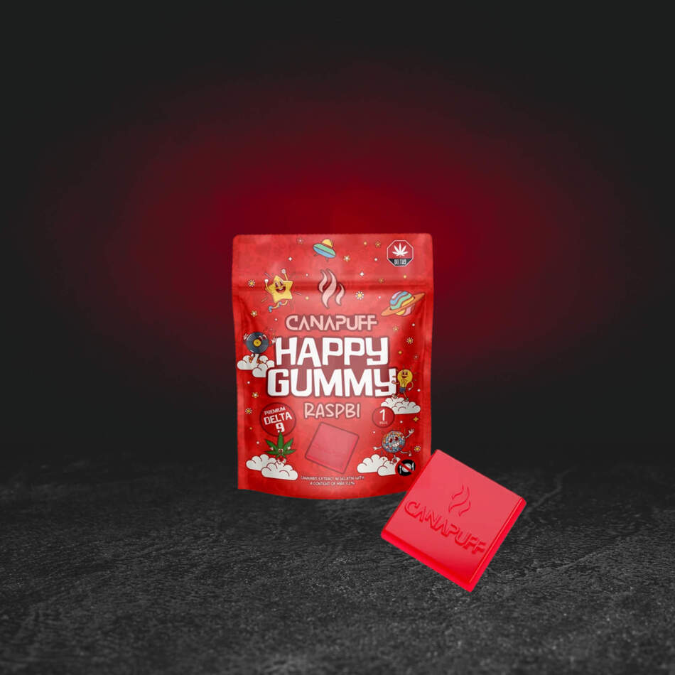 TH Happy Gummy Raspbi – Premium-Hanf-Fruchtgelee mit Himbeergeschmack und Cannabinoid TH in Originalverpackung premium hennepfruitgelei met frambozensmaak en cannabinoïde TH gelatina premium de cáñamo con sabor a cereza y cannabinoide TH