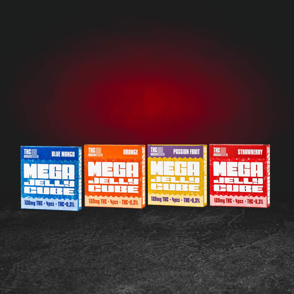 TH Odyssey MEGA Jelly Cubes 120 mg – Fruchtgelee-Kollektion mit natürlichem Hanföl in den Varianten Blue Mango, Orange, Passion Fruit und Strawberry gelatina de frutas premium con aceite de cáñamo natural premium fruitgelei met natuurlijke hennepolie en exotische